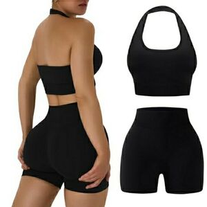Workout Sets Women Backless Halter Sports Bra High Waist Shorts Gym Outfit Black